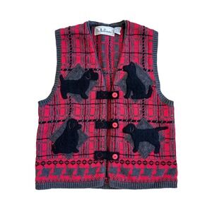VTG! Belle Pointe Dog Sweater Vest Plaid Knit Novelty‎ Button Front M Quirky
